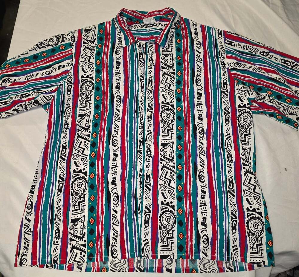 Vintage UTY Apparel Short Sleeve Shirt Size 2XL Multicolor Aztec Stripe 90s